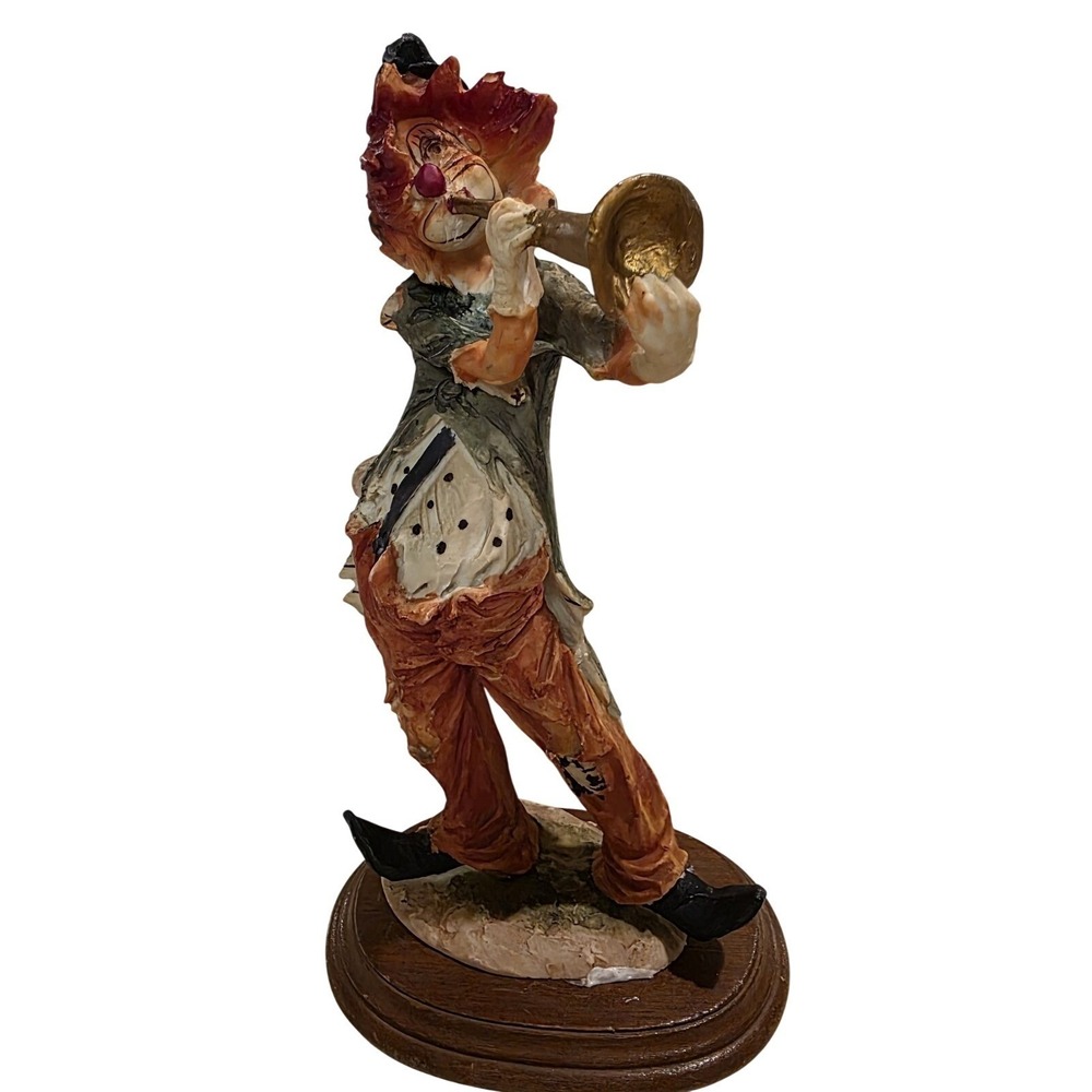 Vintage Resin Pucci Arnart Clown Hobo With‎ Horn Figurine Wood Base 11"